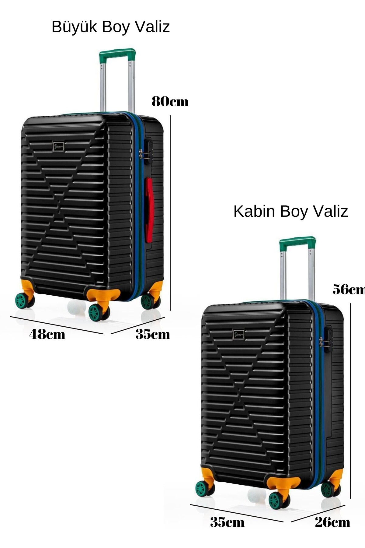 louisiana polo  Büyük Ve Kabin Boy 2'li Valiz Seti %100 Polikarbon Valiz 4x2 Teker Siyah 1088 - Görsel 3