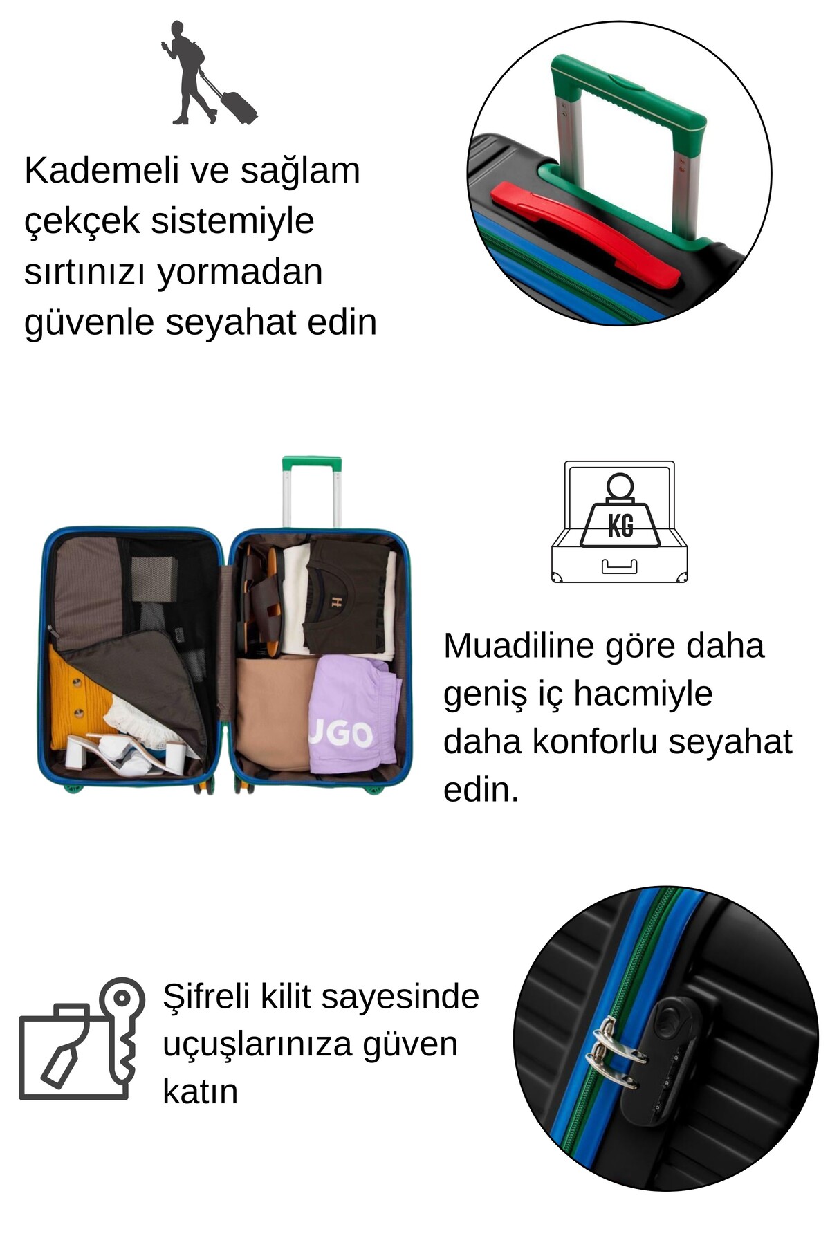 louisiana polo  Büyük Ve Kabin Boy 2'li Valiz Seti %100 Polikarbon Valiz 4x2 Teker Siyah 1088 - Görsel 5