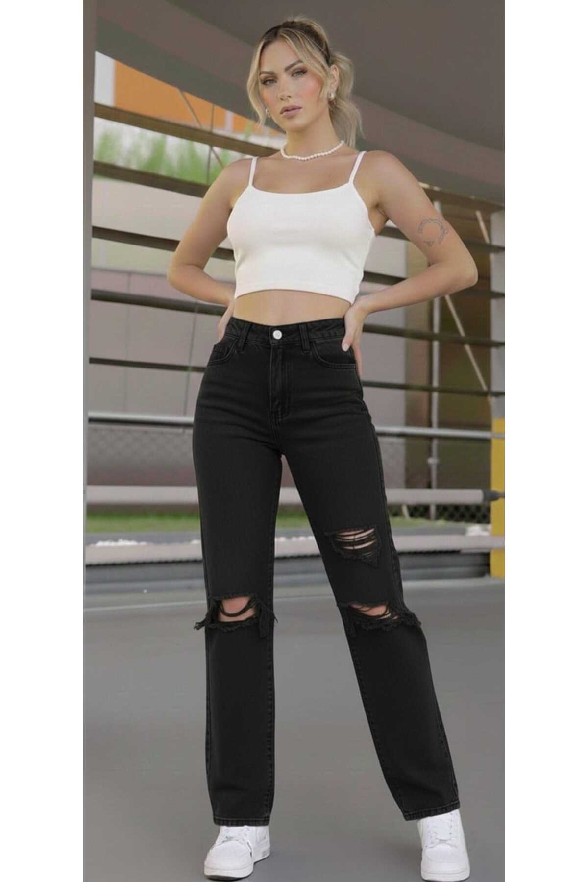 DRC trend S.o.l.m.a.z Siyah Yırtıklı Likralı Süper Yüksek Bel Salaş Jean Pantolon. (SÜPER YÜKSEK.) Wide Leg. görsel 6