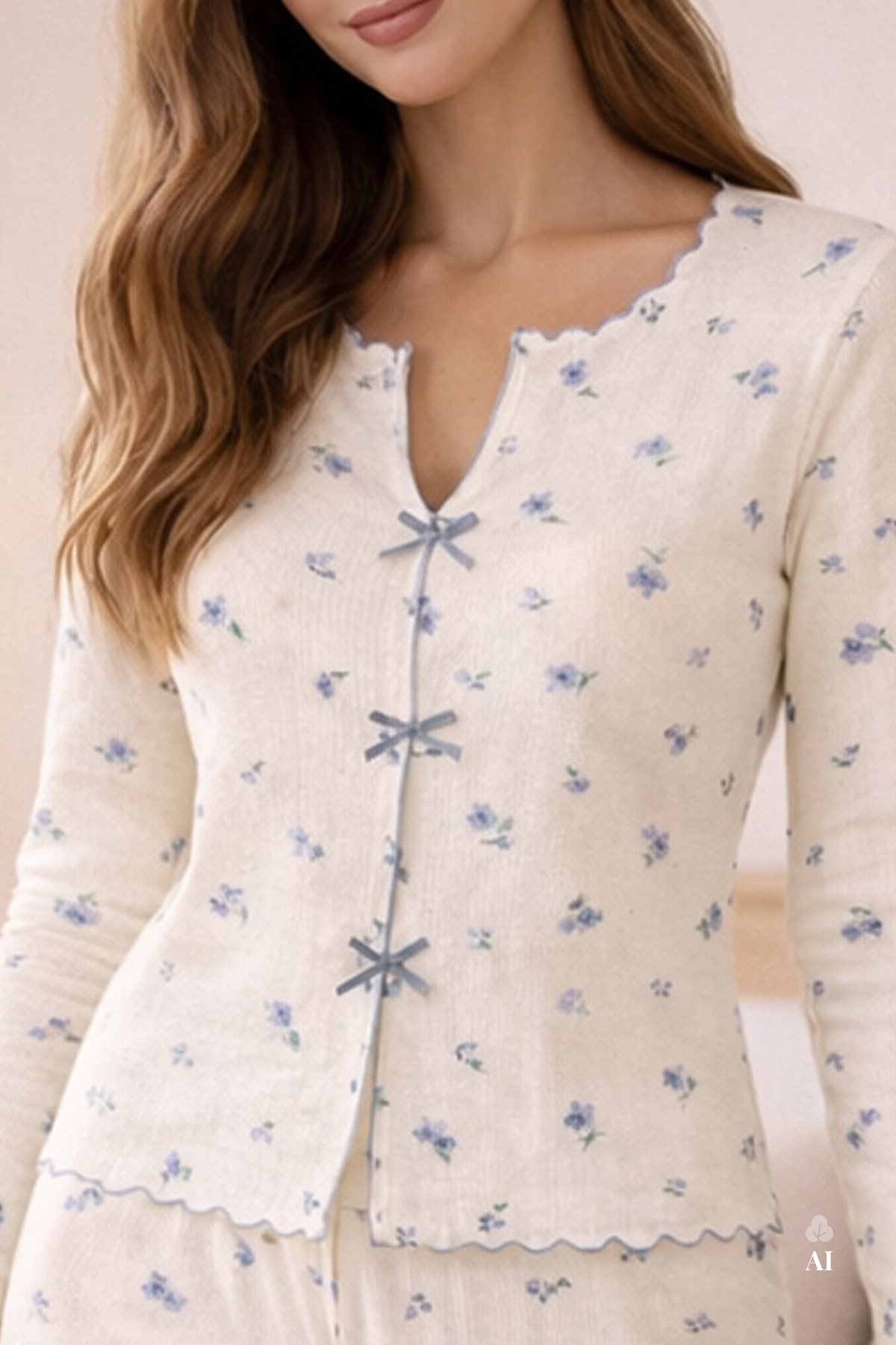koza iç giyim Kadın Pamuklu Mavi Çiçek Desenli Baby Overloklu Kurdale Detaylı Uzun Kollu Pijama Takımı görsel 4