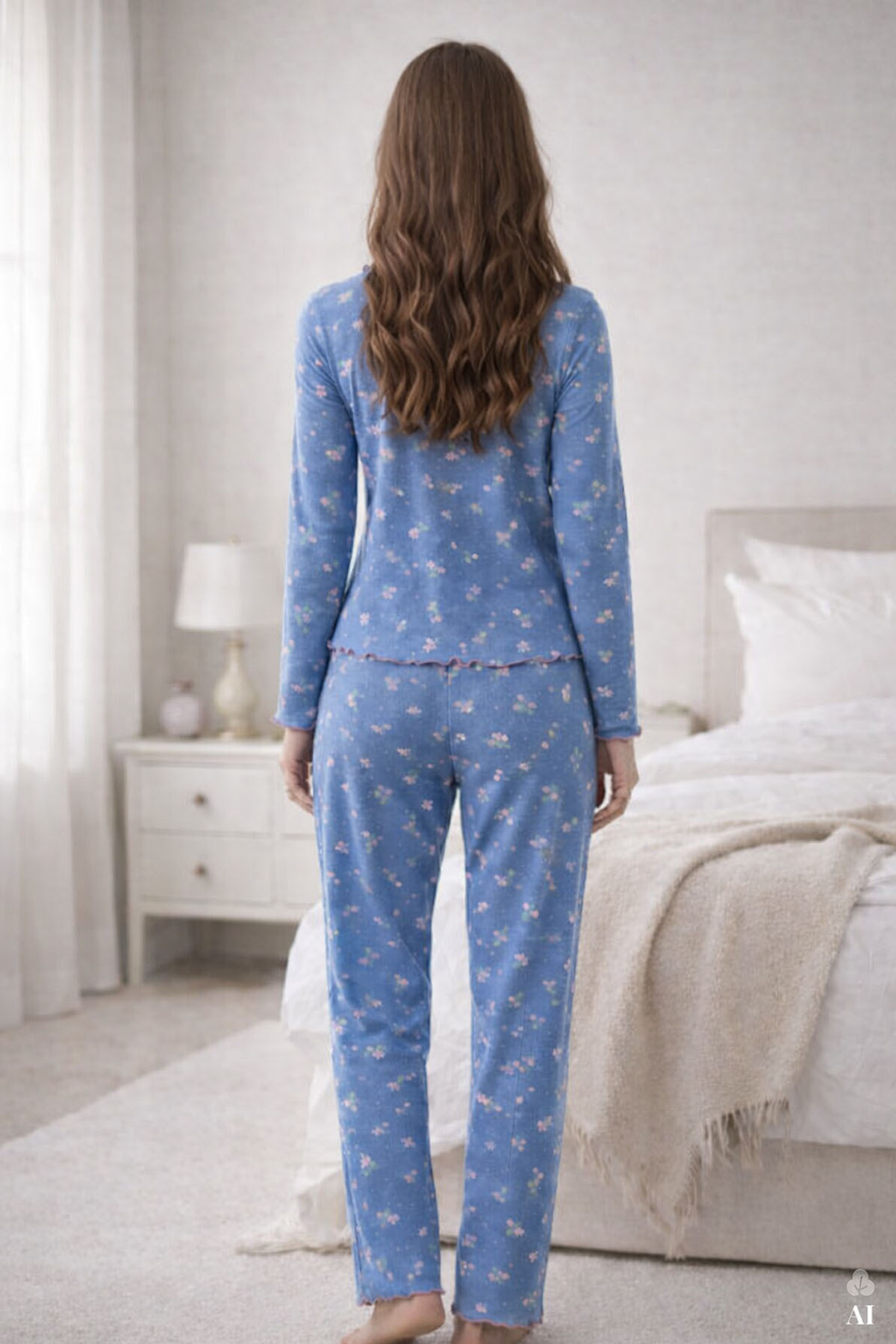 koza iç giyim Kadın Pamuklu Çıtır Çiçek Desenli Baby Overloklu Fiyonklu Uzun Kollu Pijama Takımı görsel 3