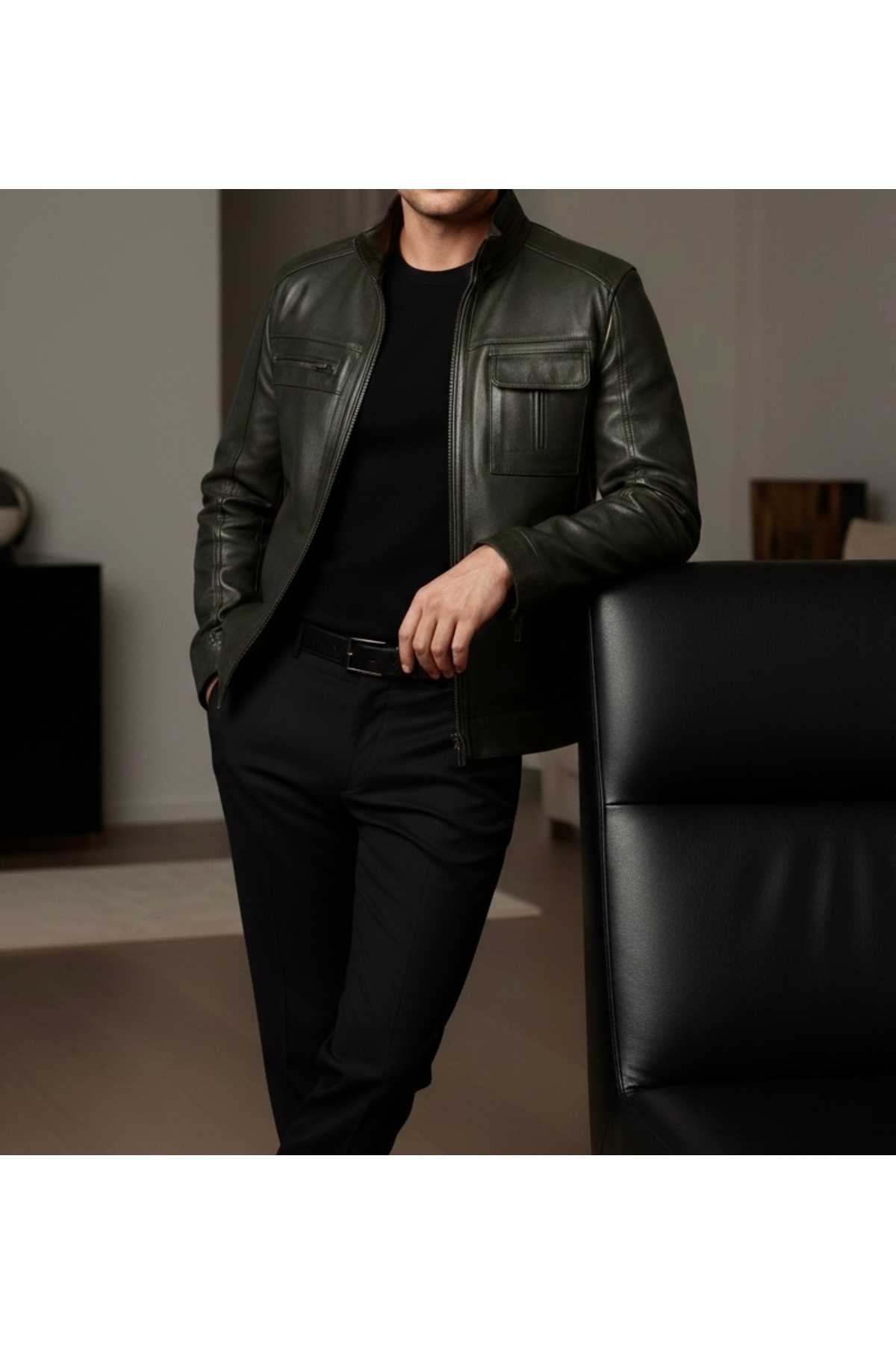 SAVARA  Erkek dik yaka koyu yeşil hakiki deri mont regular kalıp %100 orginal - Görsel 3