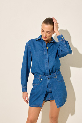 Setre Mavi %100 Pamuk Bel Detaylı Uzun Kollu Mini Jean Elbise