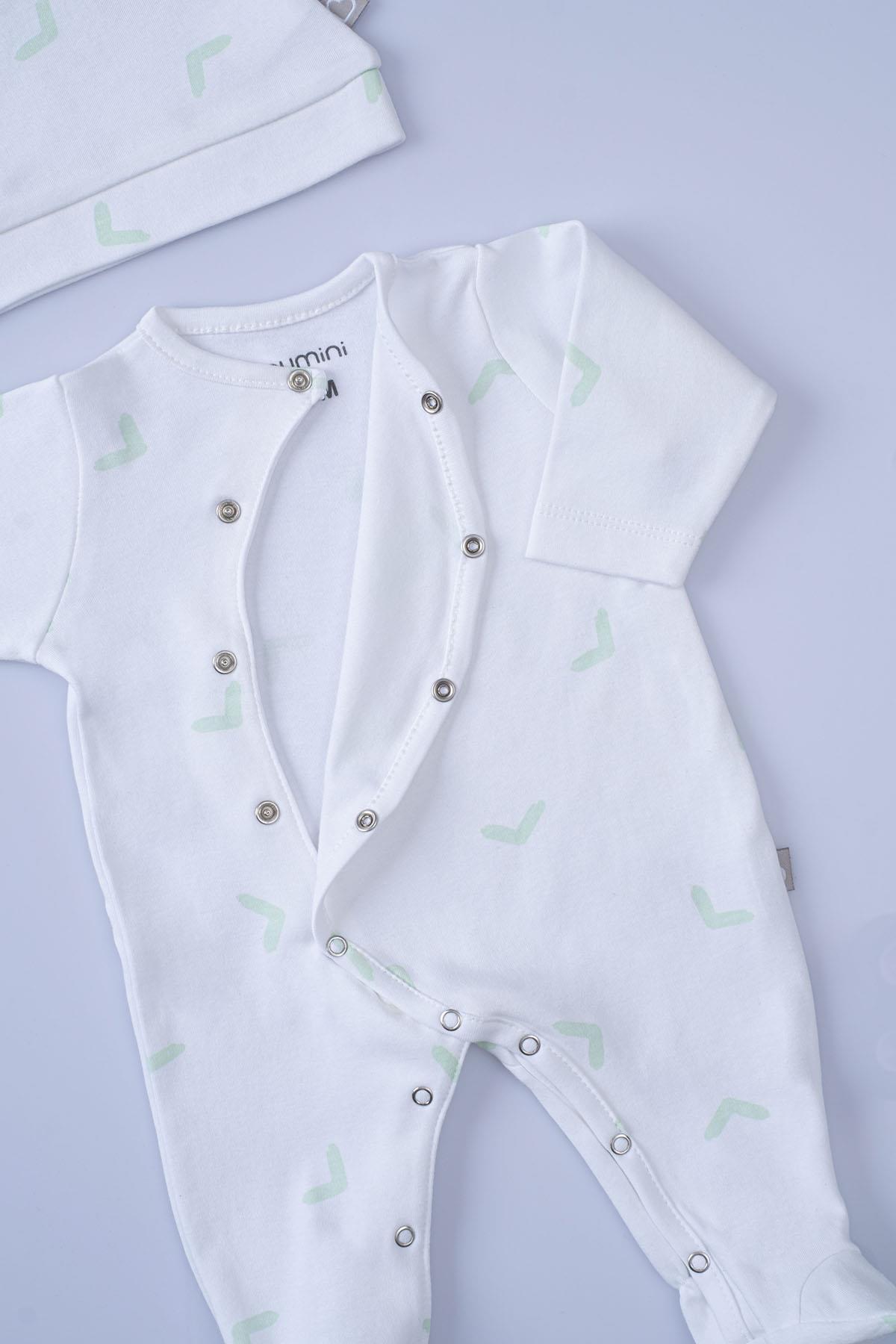 Boumini Bebek Patikli Tulum Şapka Set Beyaz Desenli fotoğrafı 3 (önizleme)