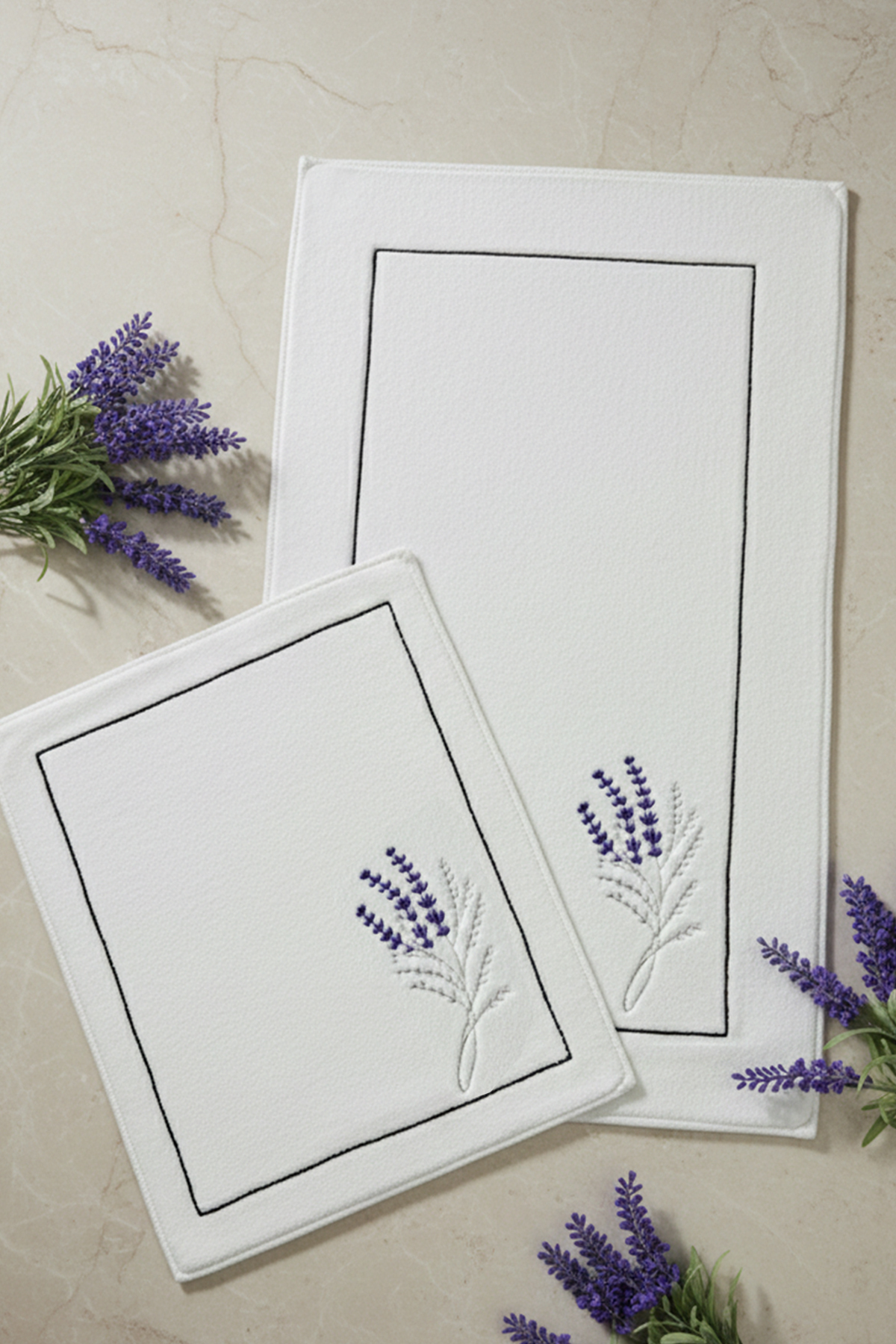 Viola Lavanda Embroidered 2-Piece 100% Cotton Bathroom Carpet Mat Set, Washable