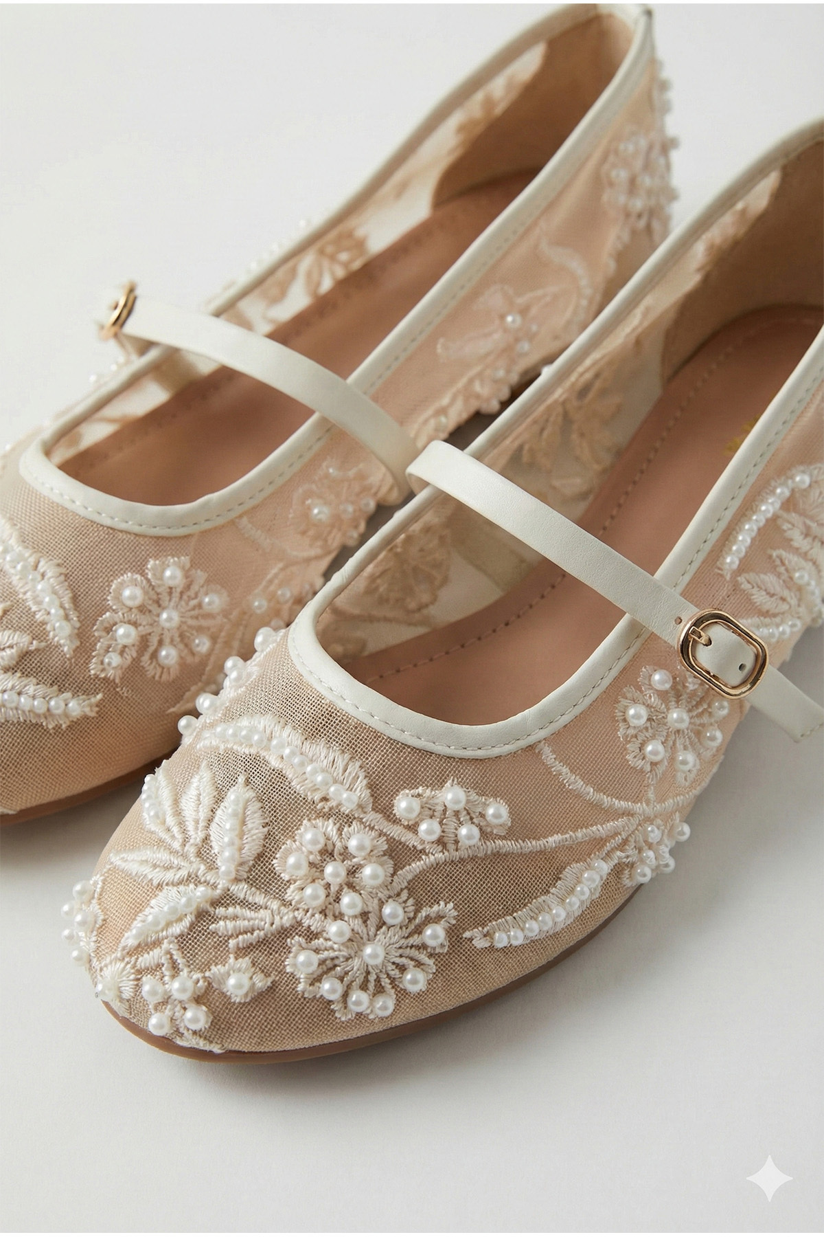 StWenn  İncili Bej File Nakış Ve Boncuk Detaylı Yuvarlak Burun Lüks Şık Ortopedik Hafif Taban Kadın Babet - Görsel 4