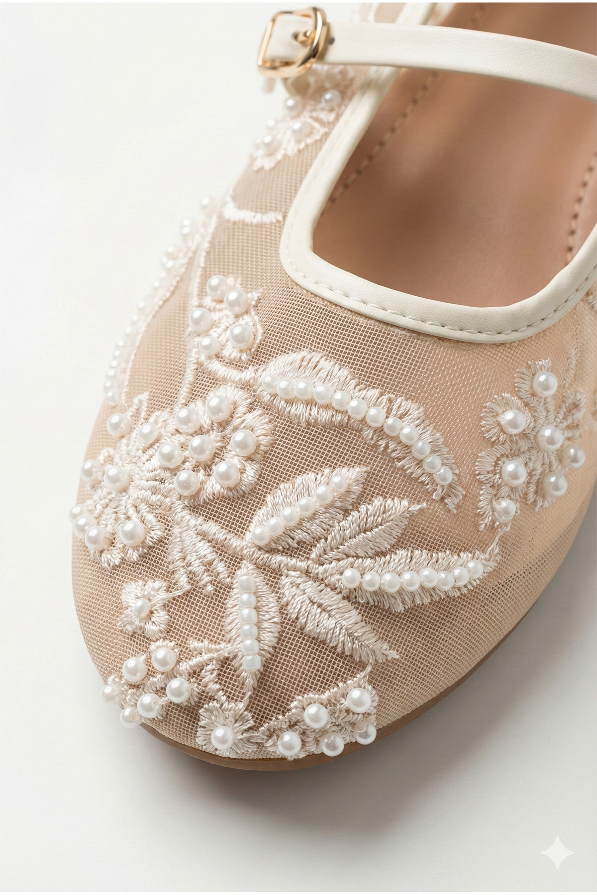 StWenn  İncili Bej File Nakış Ve Boncuk Detaylı Yuvarlak Burun Lüks Şık Ortopedik Hafif Taban Kadın Babet - Görsel 3