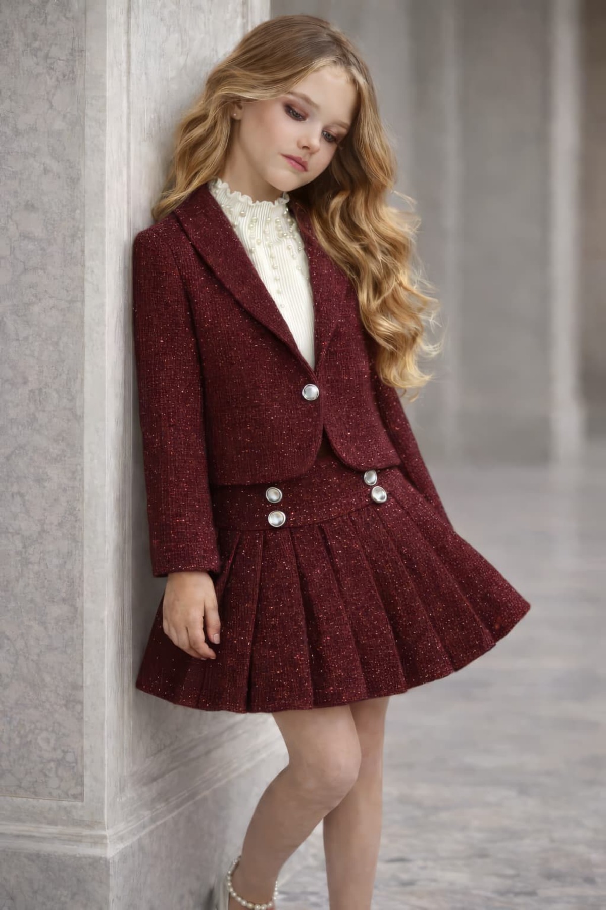 girl Pearl Buttoned Tweed Jacket Skirt Set – Cascade Blouse Festive Stylish Outfit
