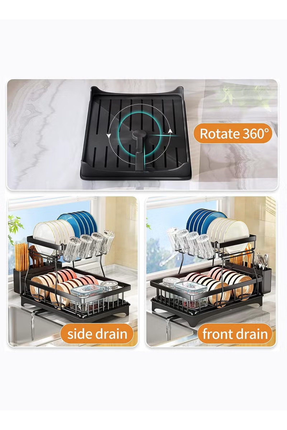 رف أطباق معدني مزدوج الطبقات مع لوح تصريف وسجادة ت...