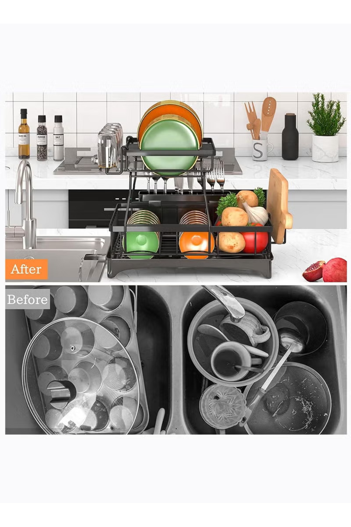 رف أطباق معدني مزدوج الطبقات مع لوح تصريف وسجادة ت...