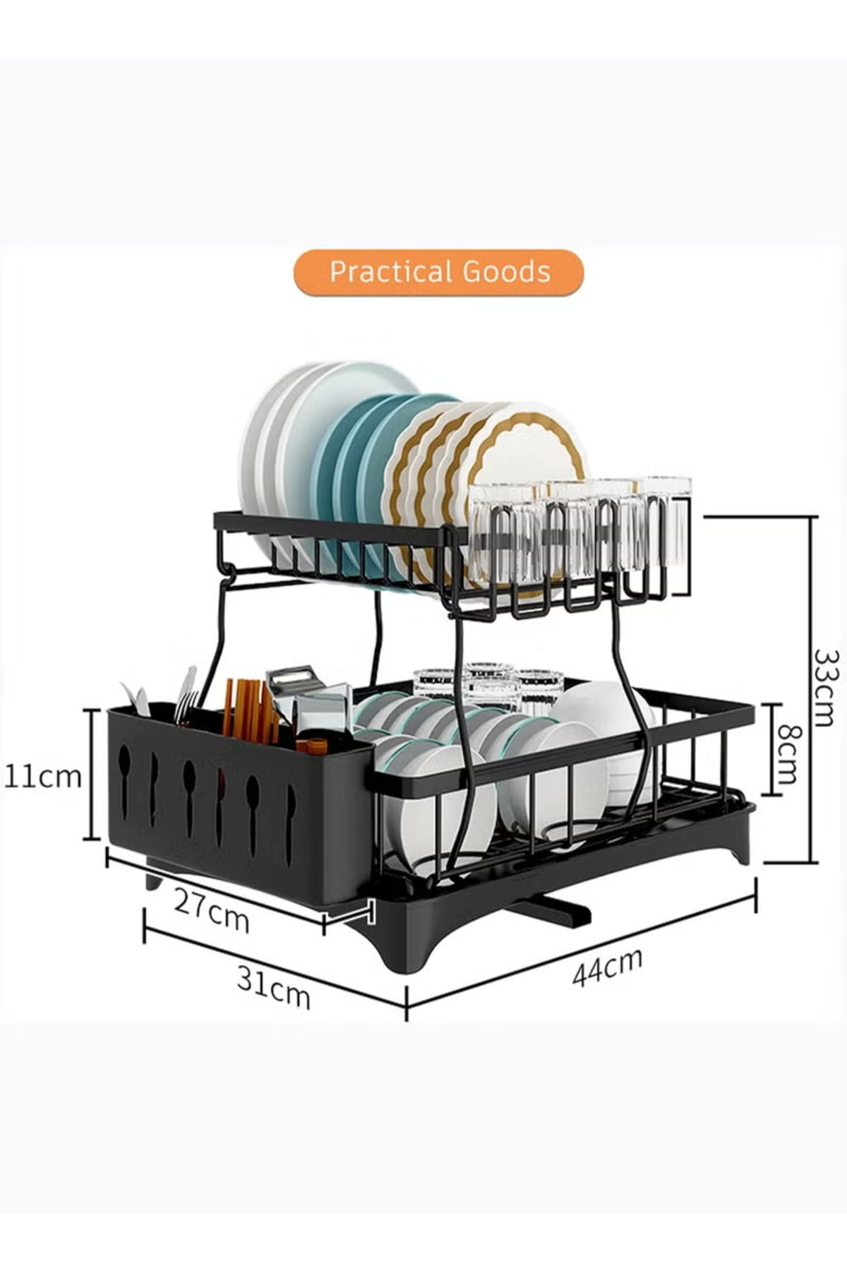 رف أطباق معدني مزدوج الطبقات مع لوح تصريف وسجادة ت...