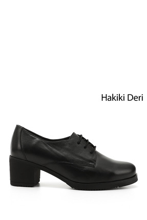 GÖNDERİ(R) Kadın Siyah Bağcıklı Orta Kalın Topuklu Hakiki Deri Oxford Ayakkabı
