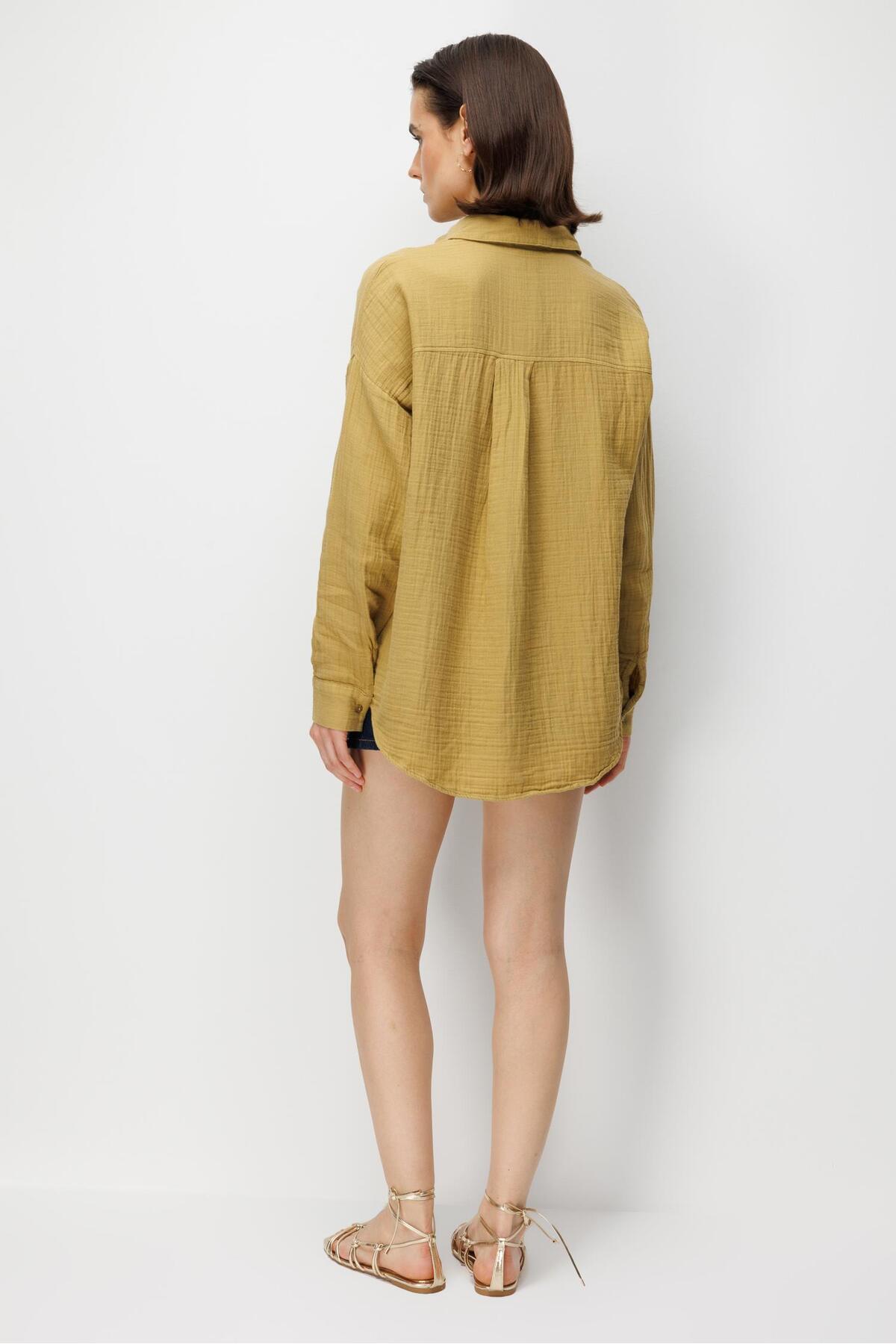 Mixray  3833 Kadın Oversize Cepli Müslin Gömlek Yağ Yeşili - Görsel 7