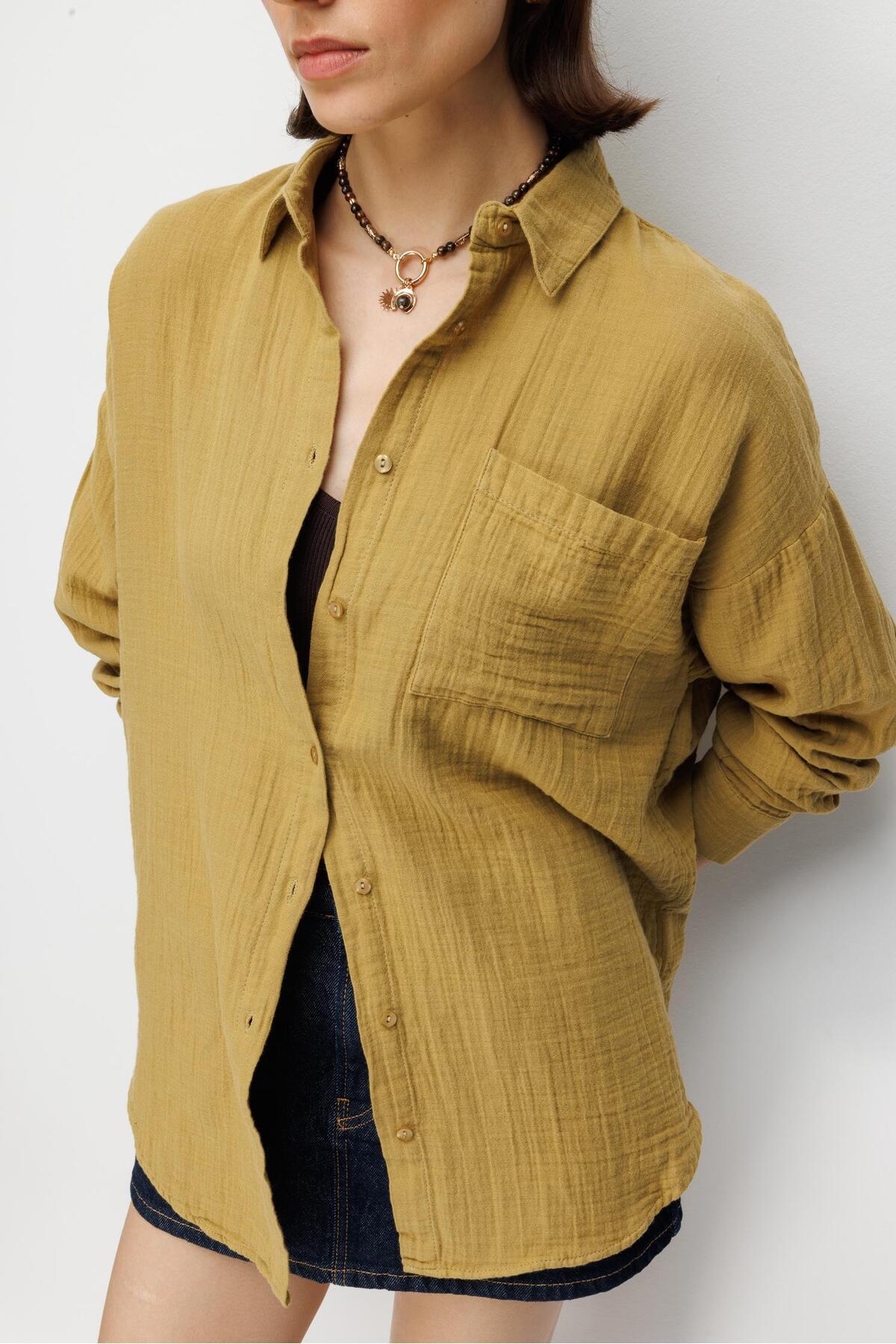 Mixray  3833 Kadın Oversize Cepli Müslin Gömlek Yağ Yeşili - Görsel 6