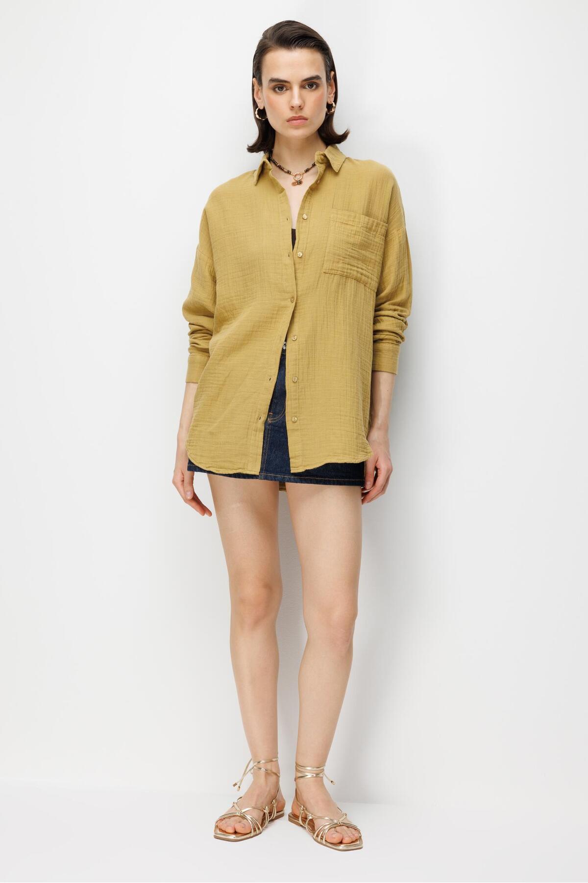 Mixray  3833 Kadın Oversize Cepli Müslin Gömlek Yağ Yeşili - Görsel 4