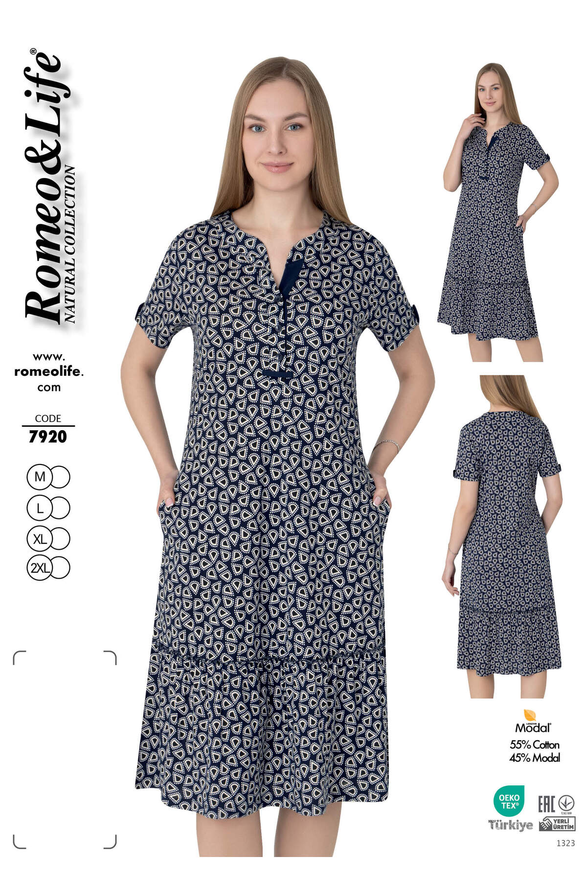 Women's Cotton Modal Fabric Button Detailed Patterned Stylish Dress 7920