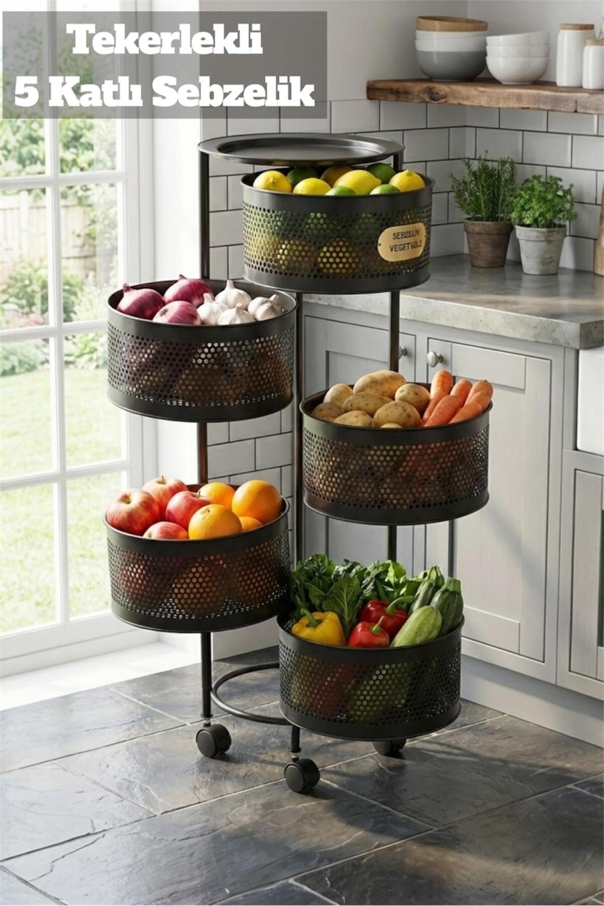 5-Tier Side Opening Potato Onion Cabinet Metal Shelf Vegetable Bowl with Wheels and 5 Compartments