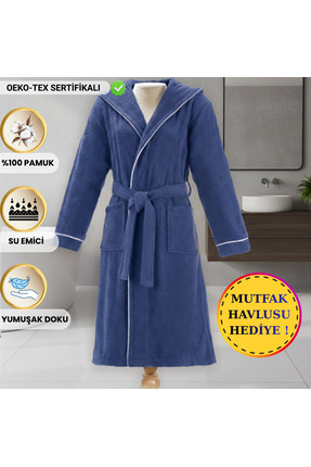 Layvera Erkek-Kadın Lacivert Bornoz | %100 Pamuk-Kapüşonlu-Biyeli-Cepli-Yumuş...