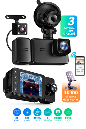 Venenon 3 Kameralı Wifi Ekran Araç Kamerası FullHD Geniş Ön + Arka + Araç İçi...