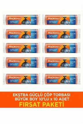 MACROMAX Ekstra Güçlü Çöp Torbası Büyük Boy 10x10 Adet Dayanıklı Kalın Yırtıl...