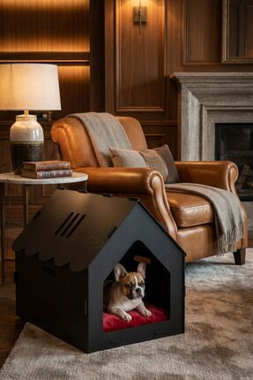 Evene Ahşap Köpek Kulübesi Dekoratif Köpek Evi Siyah Renk Çatılı Model