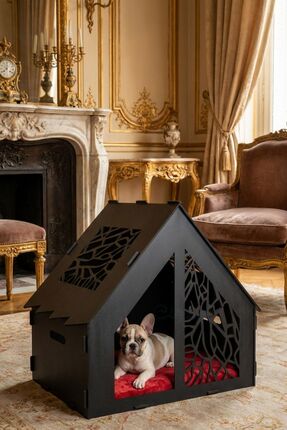 Evene Ahşap Köpek Kulübesi Dekoratif Köpek Evi Siyah Renk Seperatör Model