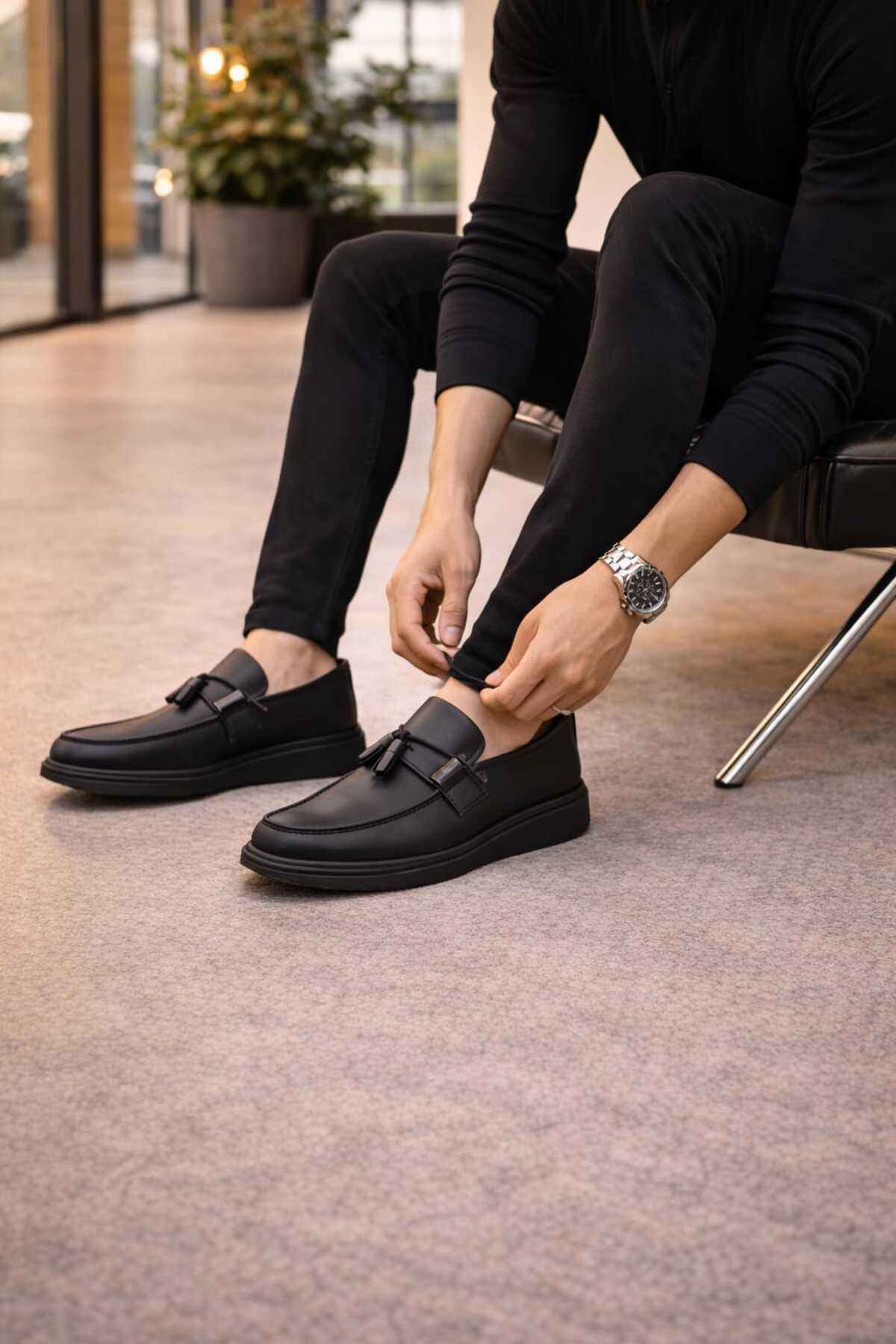 RASGO  Siyah Deri Fiyonk Detaylı Loafer Ayakkabı - Rahat Ve Şık Tarz,37,38,39,40,41,42,43,44