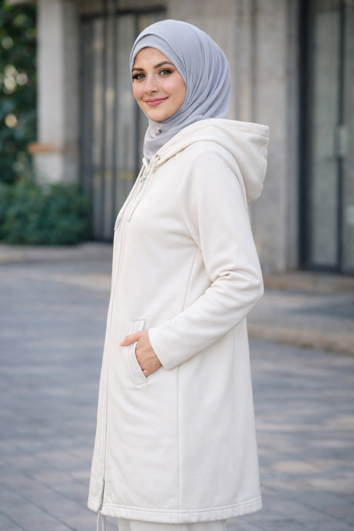Cananca Tekstil Tesettür Kapüşonlu Fermuarlı Sweatshirt, Uzun Tunik Form, Cepli, Günlük ve Spor Kullanım görsel 2
