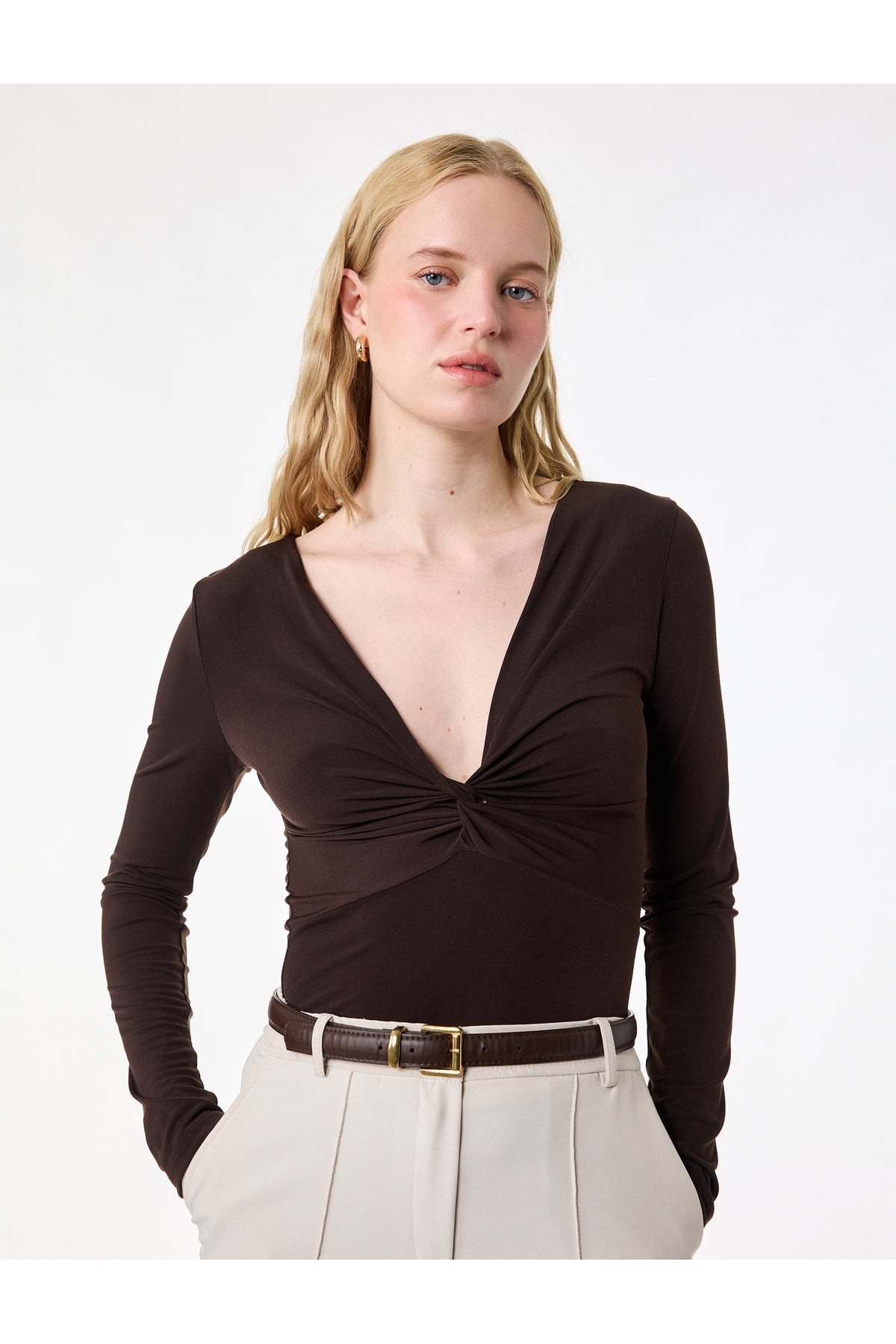 Koton Sandy Fabric Slim Fit Long Sleeve T-Shirt with Knot Detail and V-Neck