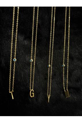NO BRAND Kişiye Özel Nazar Boncuklu Çelik Harf Kolye – Gold Edition