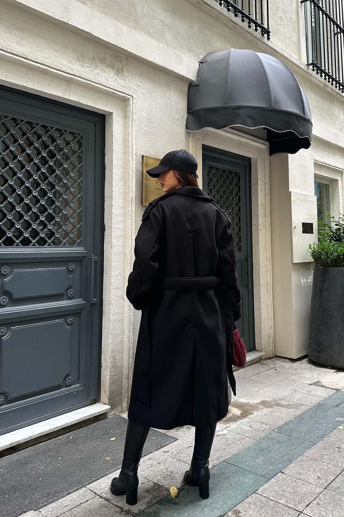 Genel Markalar  Kadın siyah oversize geniş kalıp kumaş kaşe kaban X-NBMYLK26 - Görsel 7