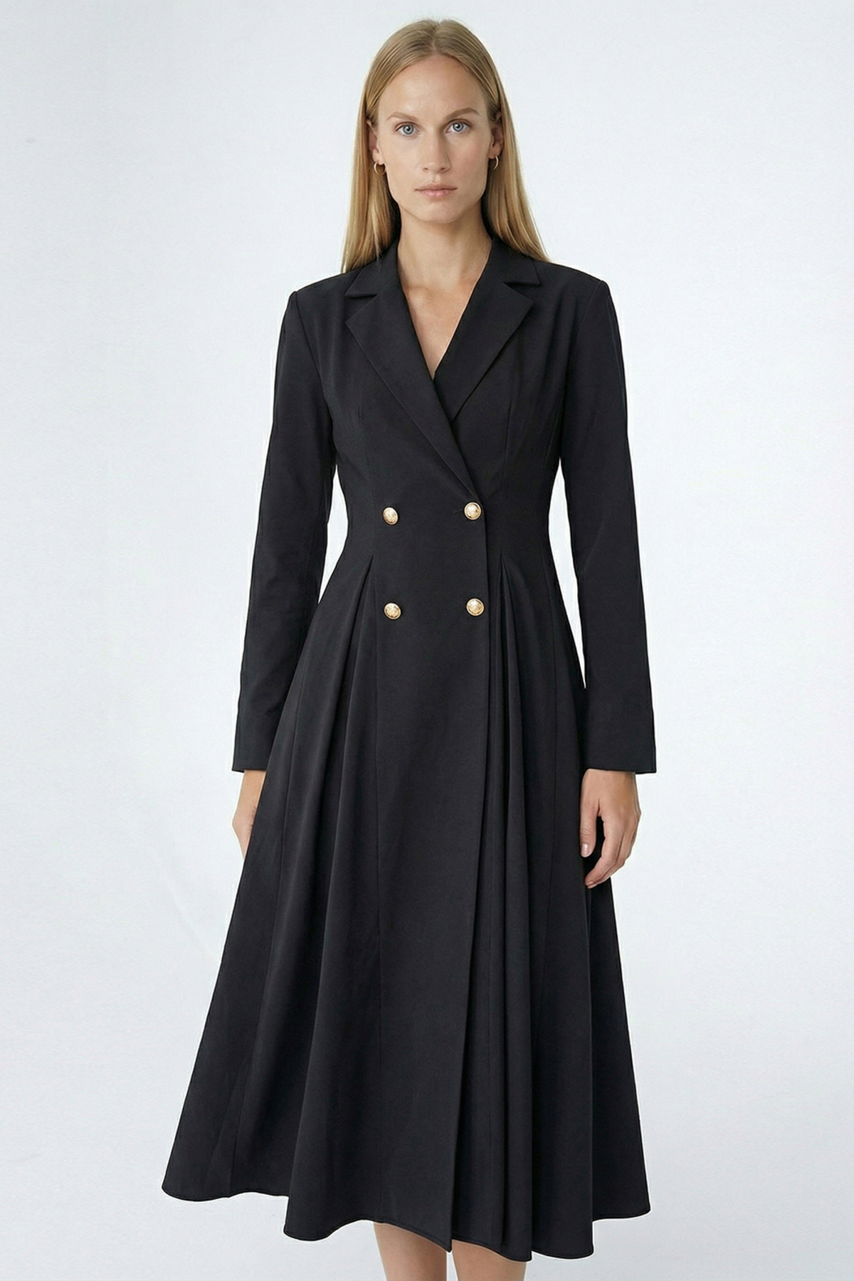 Exquise  Gold Düğme Detaylı Kruvaze Dokuma Midi Blazer Elbise - Görsel 3