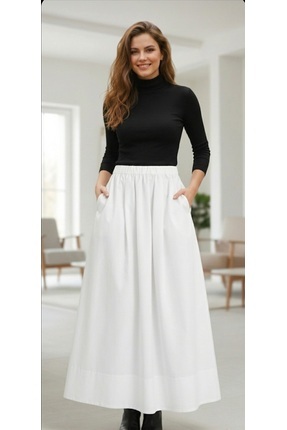 Dagü Design Kadın cepli poplin kloş ekru uzun etek