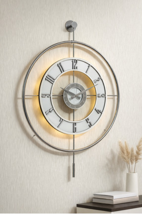 Pey Aksesuar Metal Camlı Duvar Saati KROM TOZ BOYA 60x80cm Büyük Boy Işıklı G...