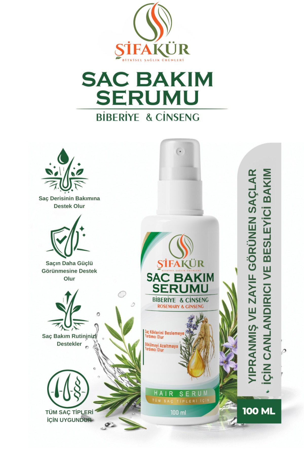 ŞİFAKÜR BİTKİSEL SAĞLIK ÜRÜNLERİ Saç Serumu 100 ml Biberiye Ginseng Biotin Keratinli Canlandırıcı Saç Bakım Serumu — SAÇBAKIMSERUMU