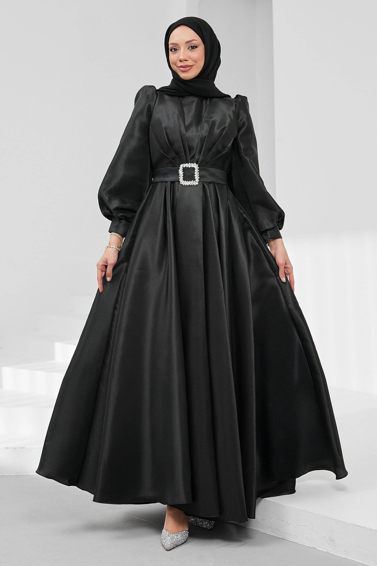 Black Balloon Sleeve Draped Evening Dress