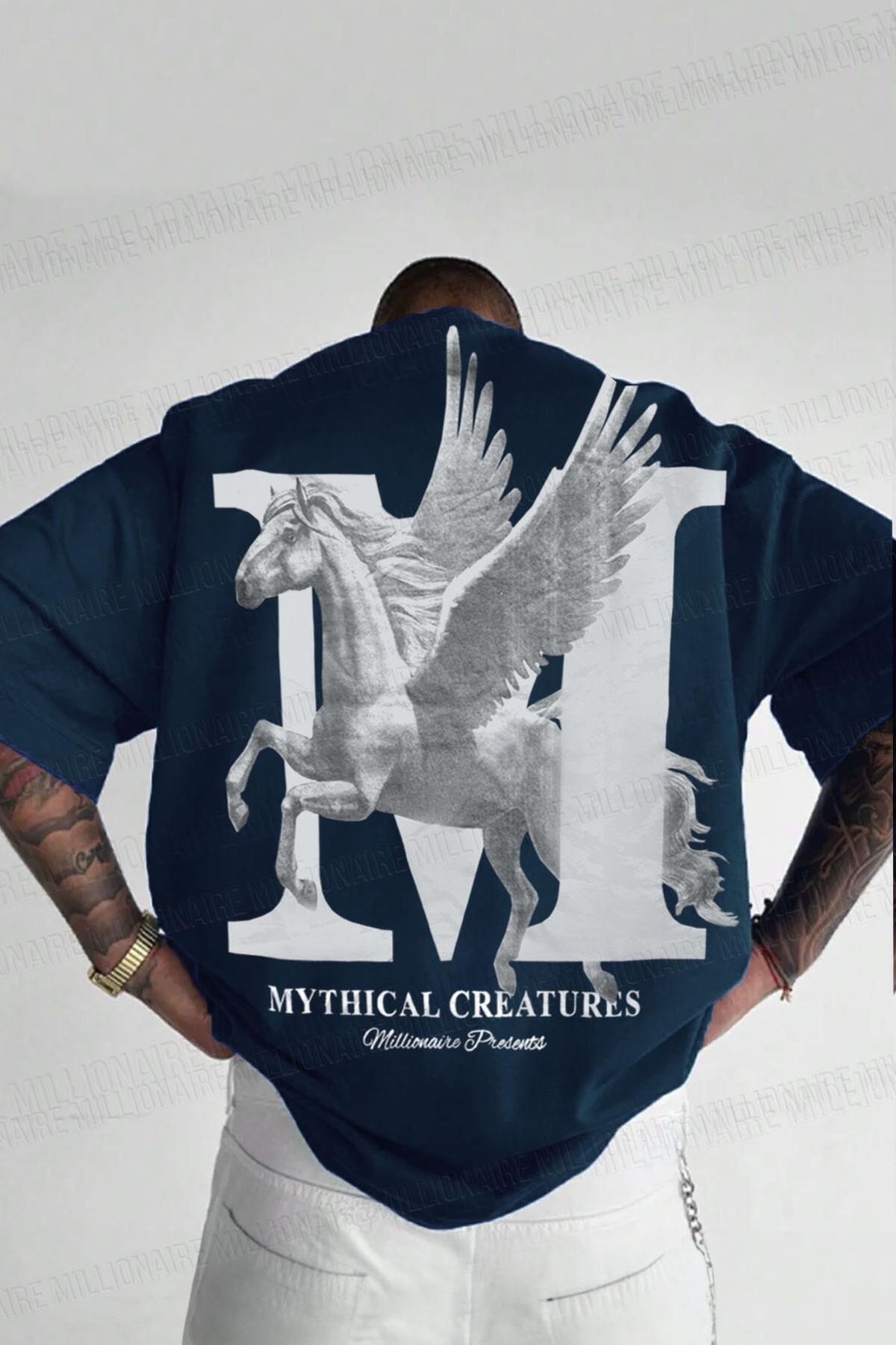 Teenage Millionaire  Erkek Mythical Pegasus Baskılı Lacivert Bisiklet Yaka Oversize Salaş T-Shirt