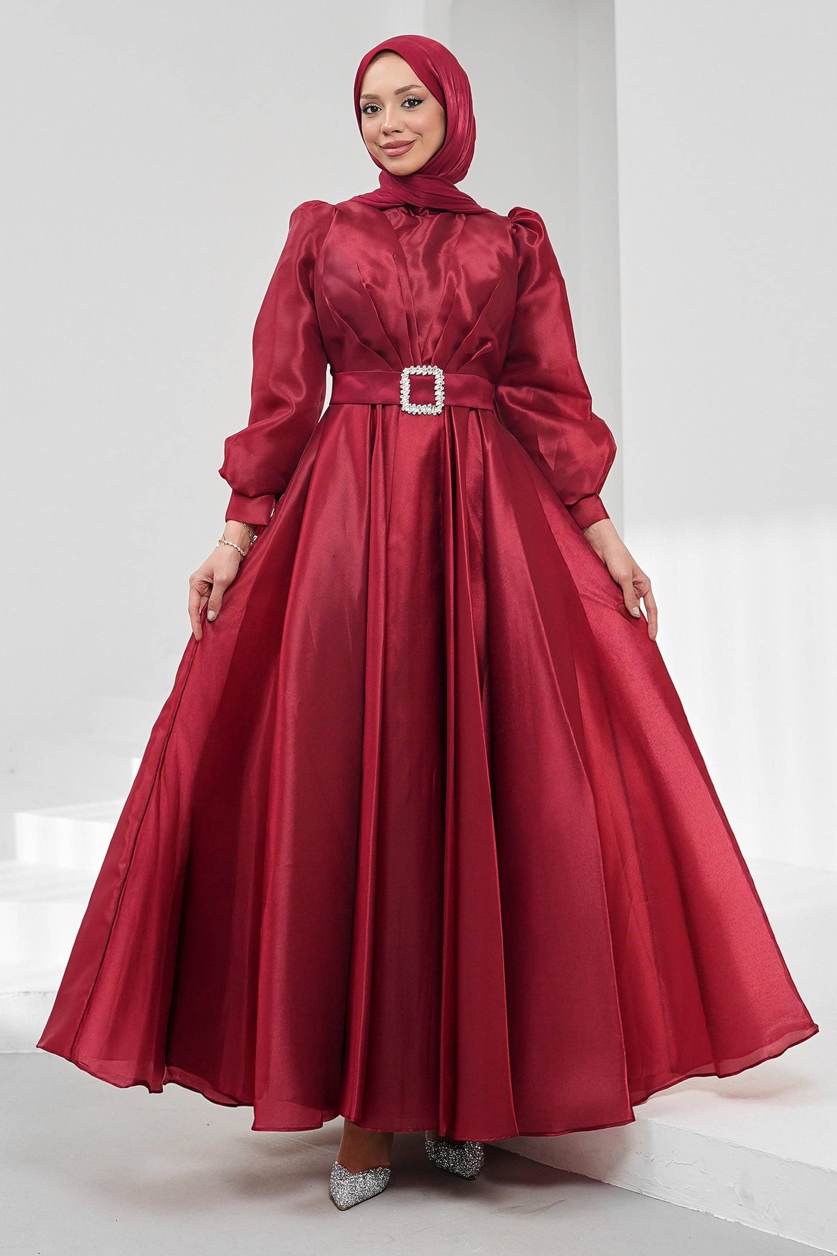 Burgundy Balloon Sleeve Draped Evening Dress