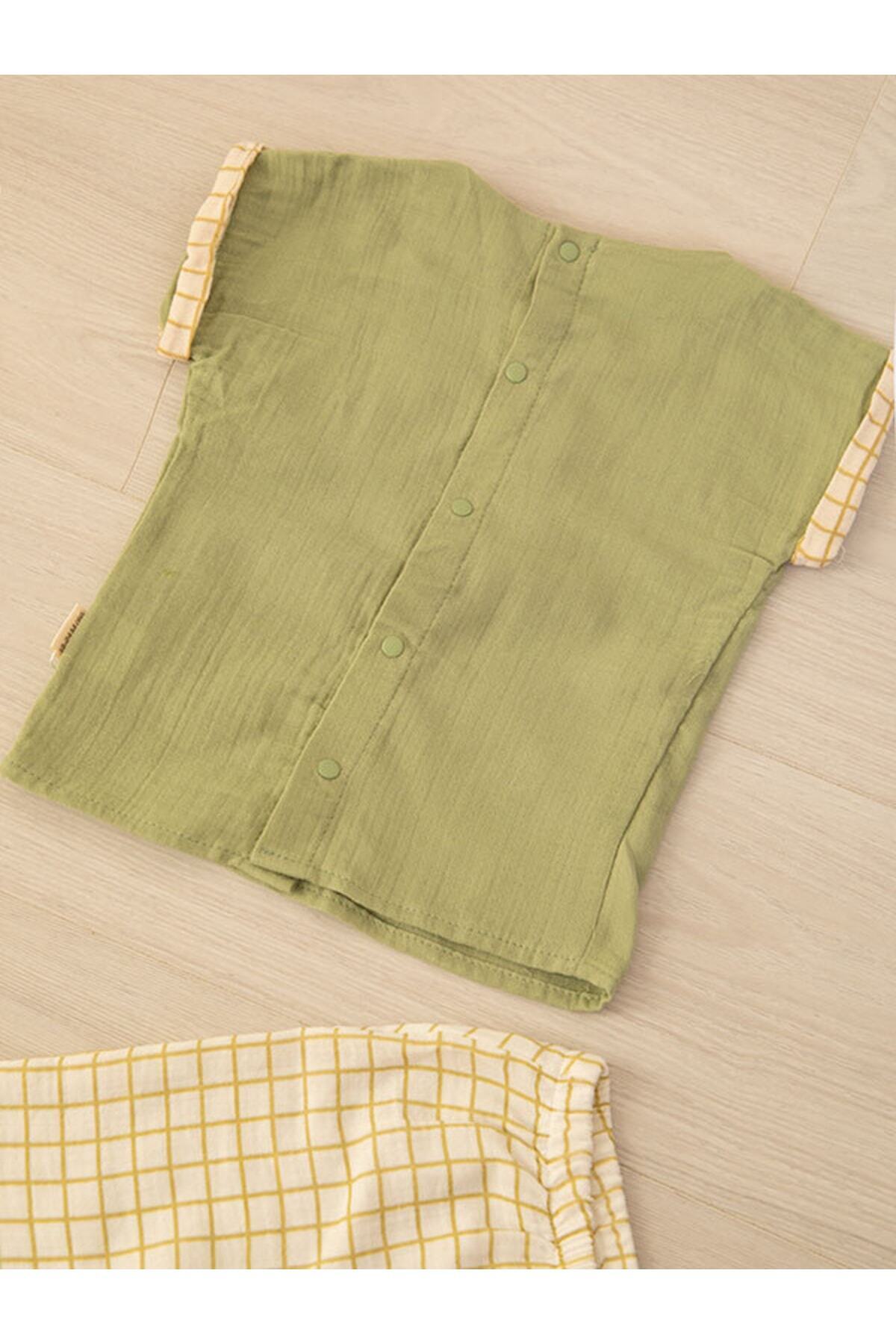 Mika Bebek & Çocuk Haki Yeşil Ekru Gömlek Kareli Pantolon Erkek Bebek Müslin Yazlık Takım fotoğrafı 6 (önizleme)