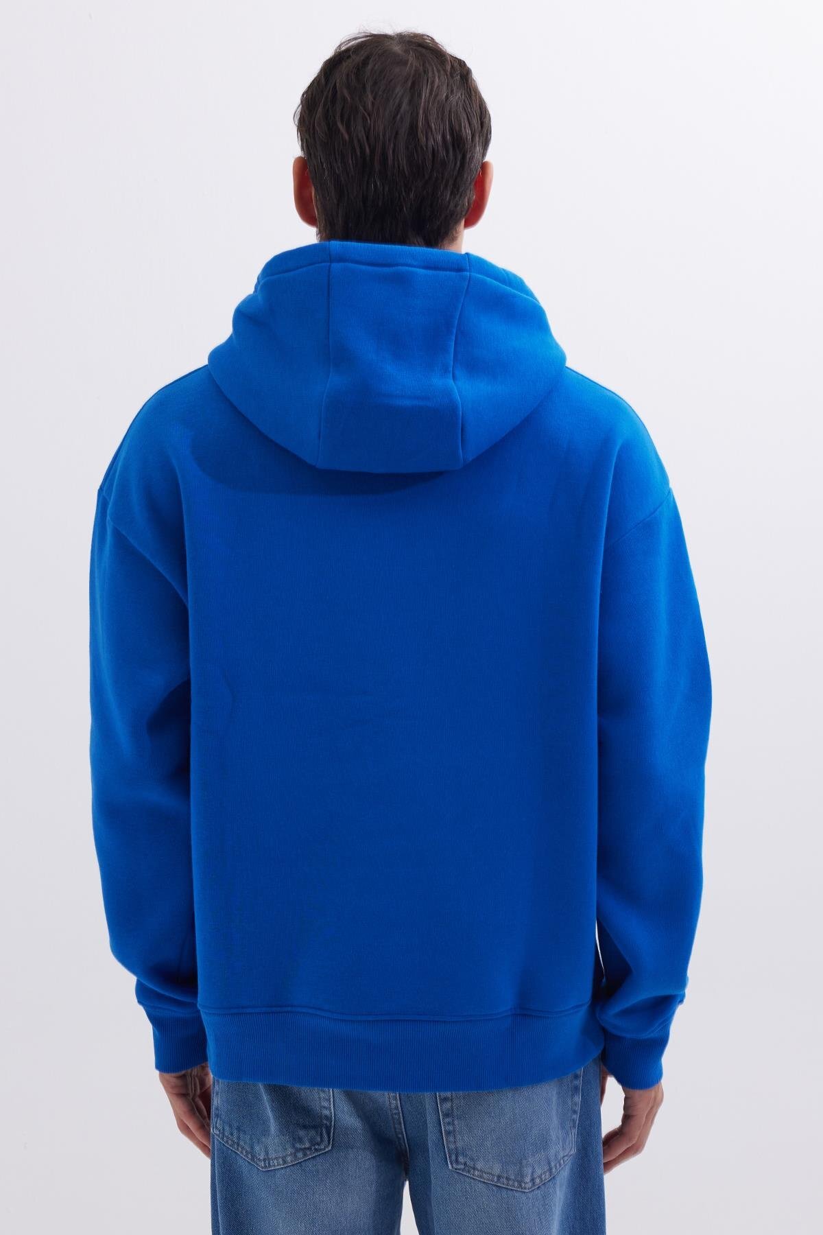 Tudors  Unisex Oversize Geniş Kesim Pamuklu Yumuşak Dokulu İçi Polarlı Basic Sax Mavi Kapüşonlu Sweatshirt - Görsel 7