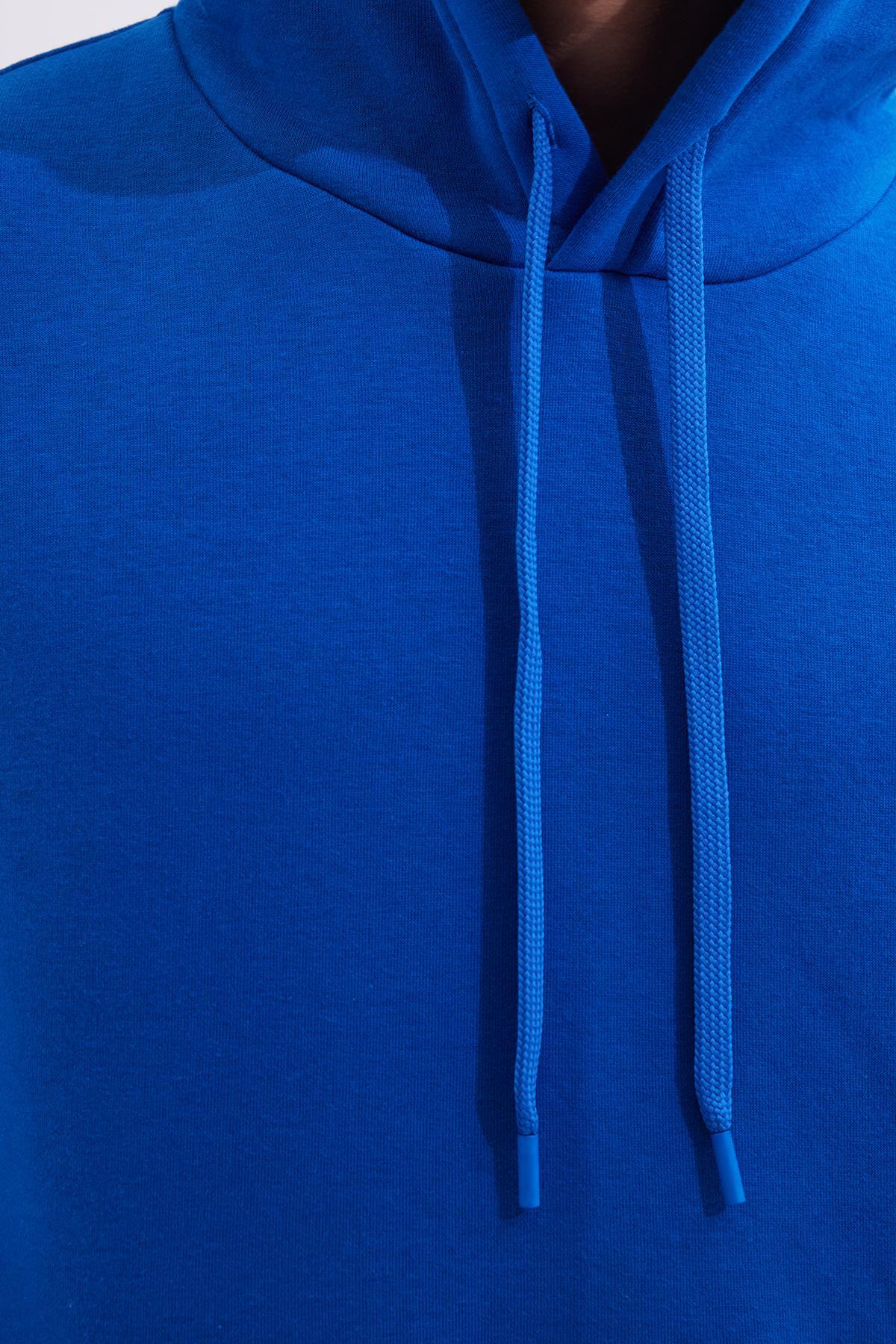 Tudors  Unisex Oversize Geniş Kesim Pamuklu Yumuşak Dokulu İçi Polarlı Basic Sax Mavi Kapüşonlu Sweatshirt - Görsel 3