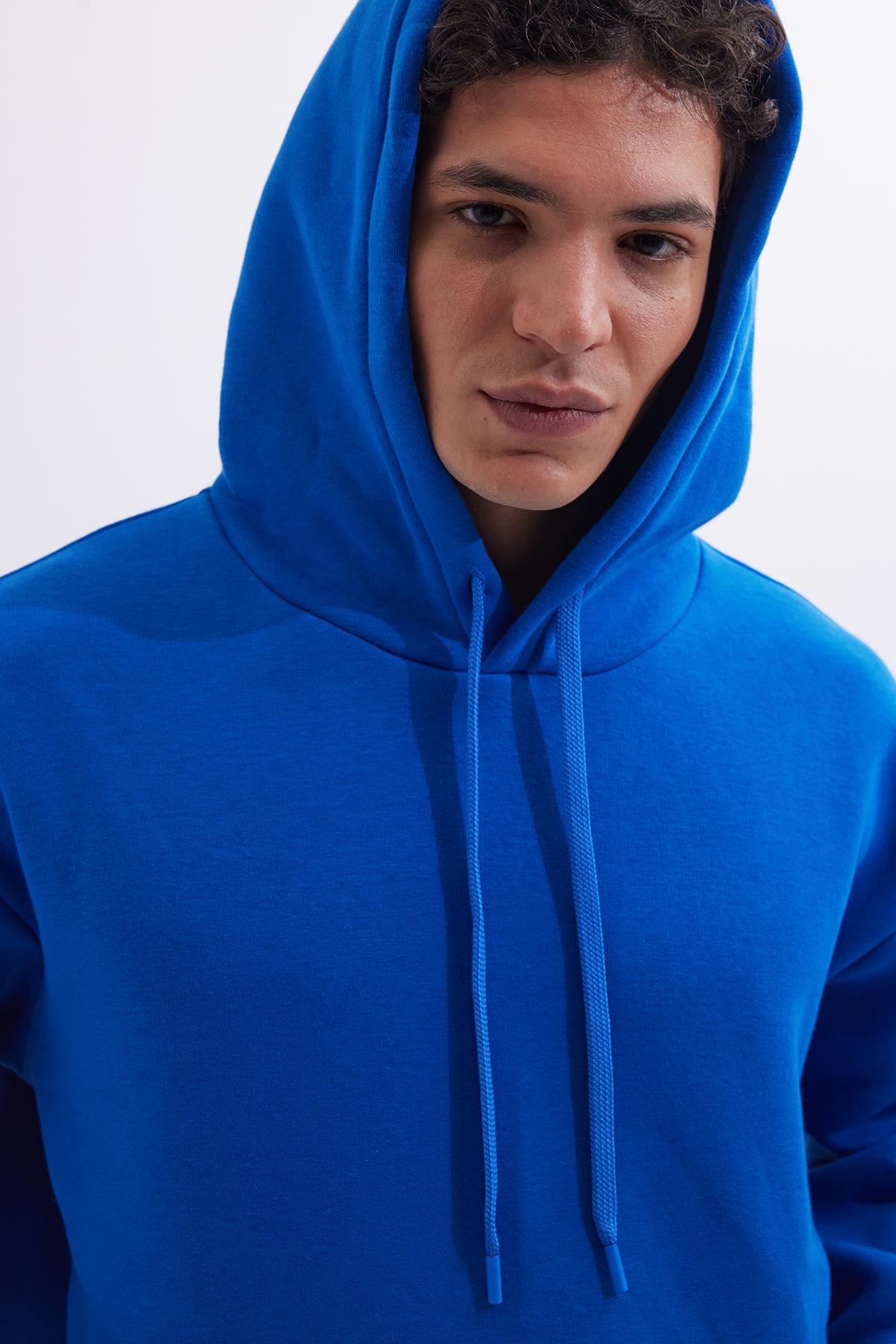 Tudors  Unisex Oversize Geniş Kesim Pamuklu Yumuşak Dokulu İçi Polarlı Basic Sax Mavi Kapüşonlu Sweatshirt - Görsel 2