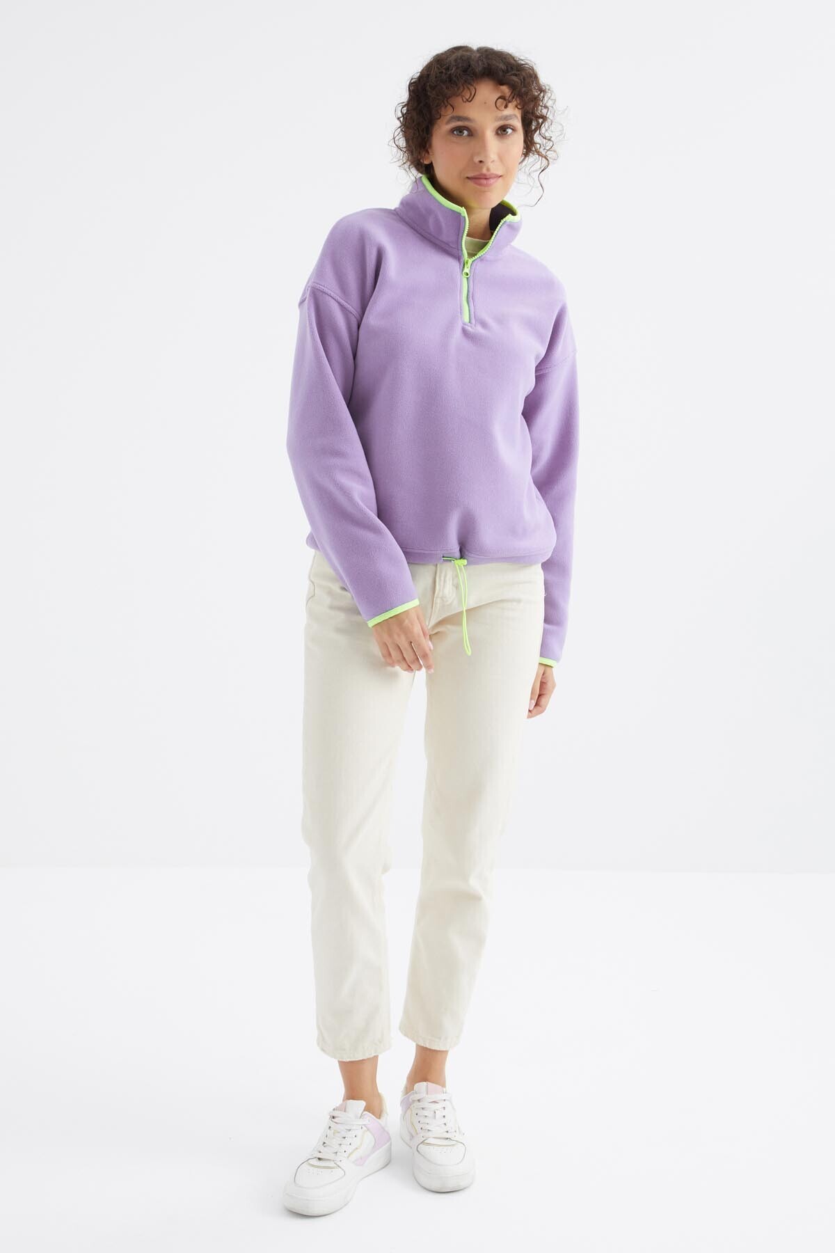 TOMMY LIFE Açık Eflatun Yarım Fermuar Etek Ucu Büzgülü Dik Yaka Standart Kalıp Kadın Polar Sweatshirt - 97234 görsel 6