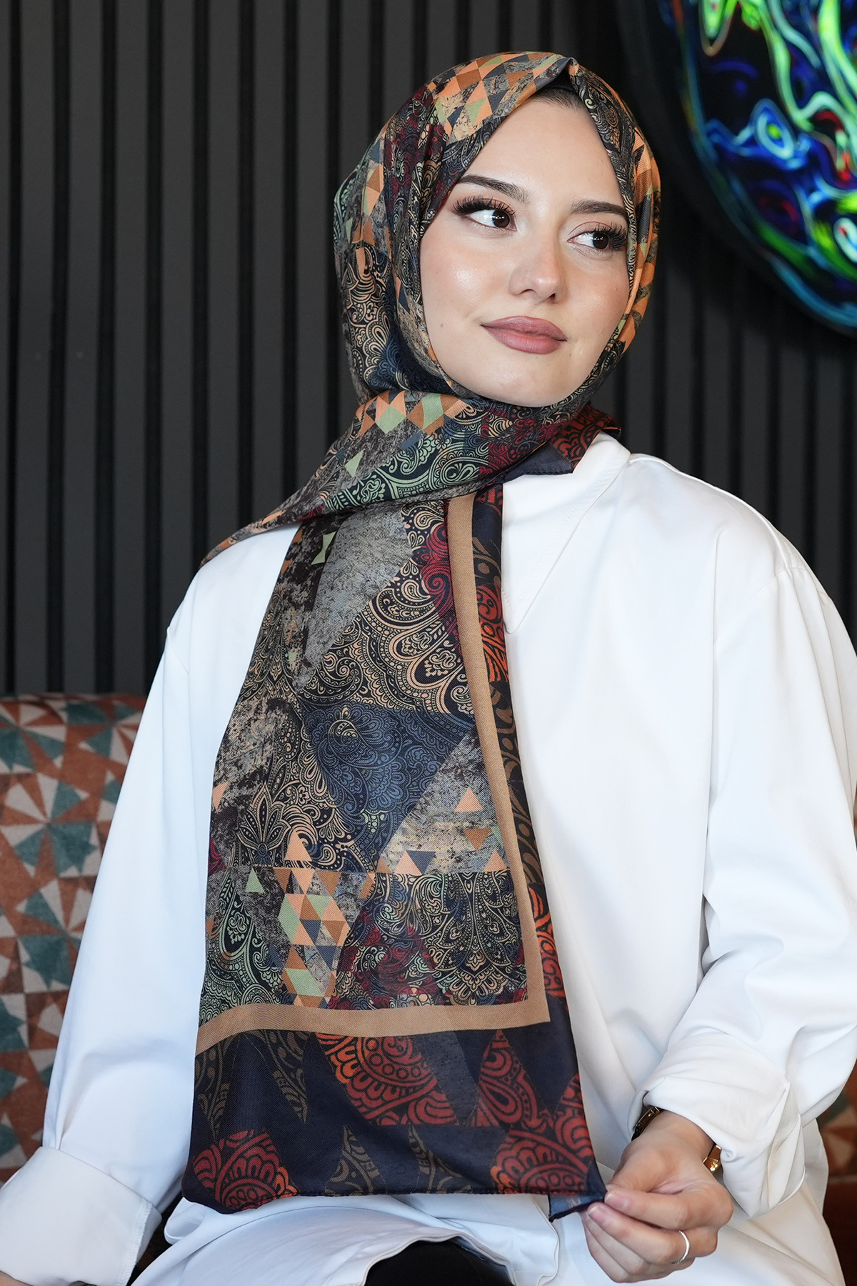 AFVENTE  Paisley Desen Kahverengi Soft Pamuk Şal - Görsel 4