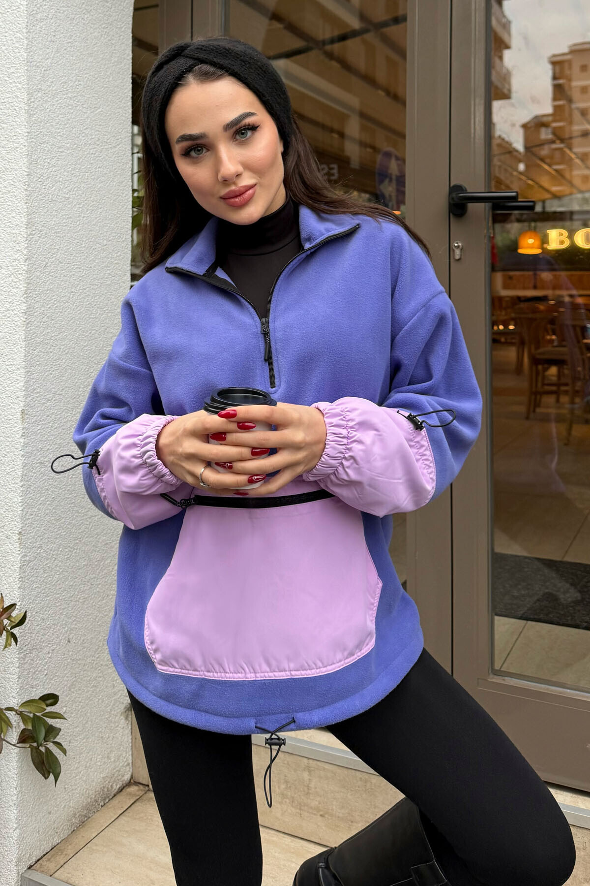 Light Lilac Shirred Hem Half Zippered Oversize Women's Fleece Sweatshirt - 97238