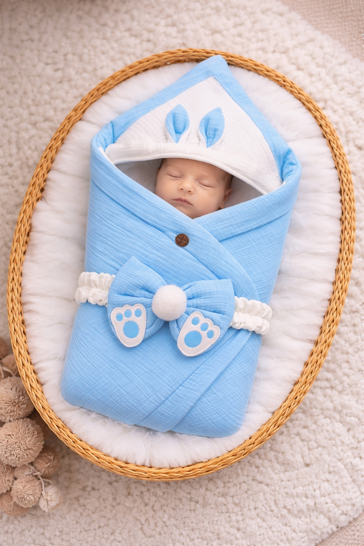 Tomuycuk 4 Kat Müslin Mavi Bebek Battaniyesi %100 Pamuklu Doğal Organik Uyku Kundağı Hastane Çıkışı fotoğrafı 2 (önizleme)