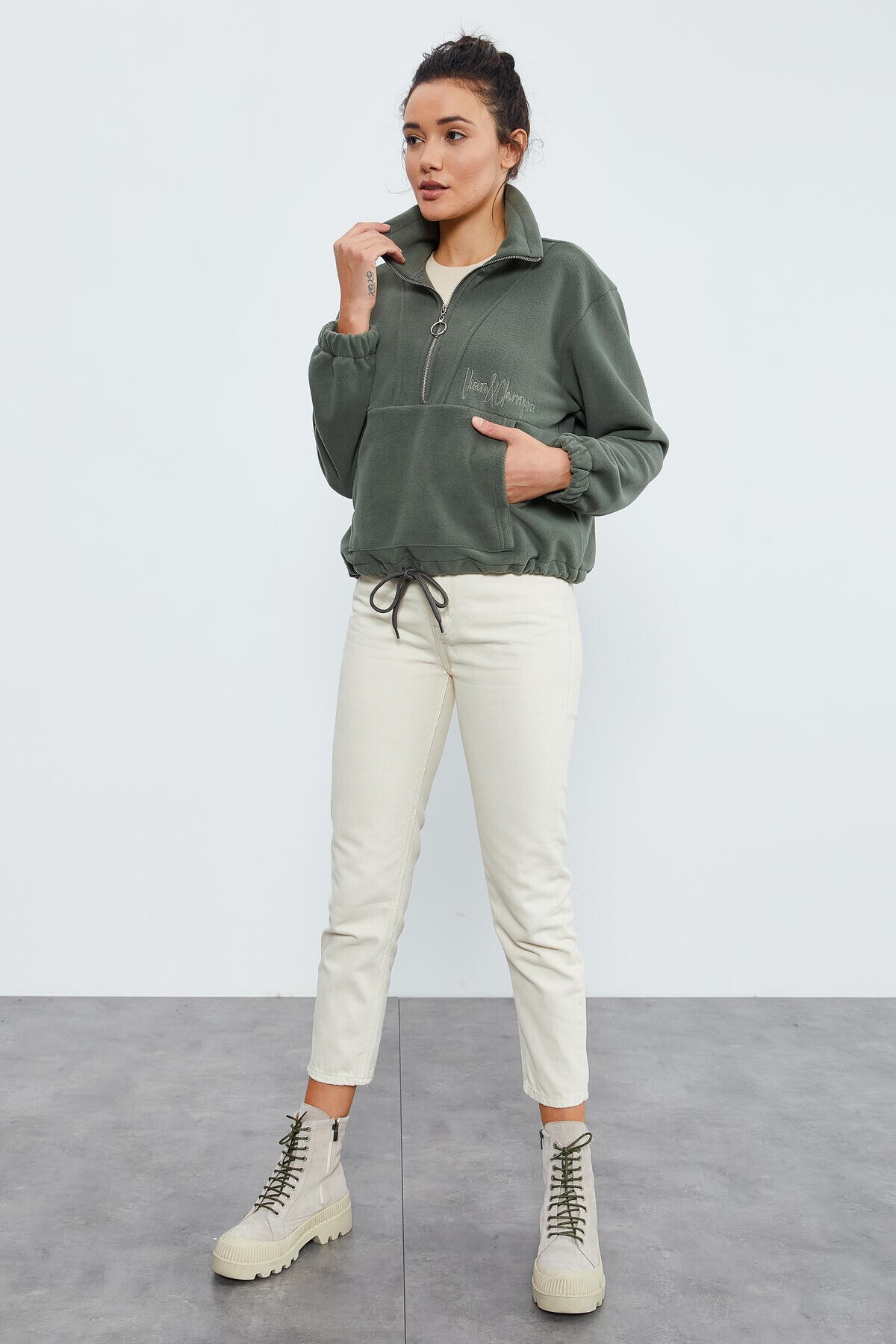 TOMMY LIFE Çağla Yarım Fermuar Etek Ucu Büzgülü Kadın Polar Standart Kalıp Sweatshirt - 97171 görsel 6
