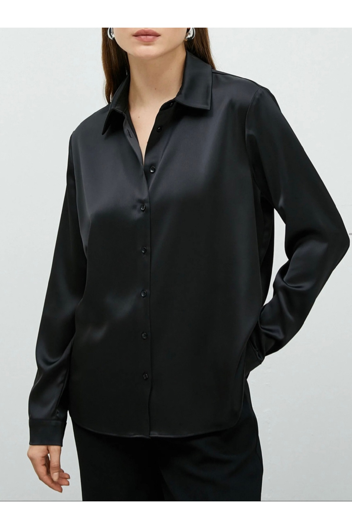Ruby Wear  Kadın Saten Dökümlü Rahat Kalıp Günlük Gömlek - Görsel 4