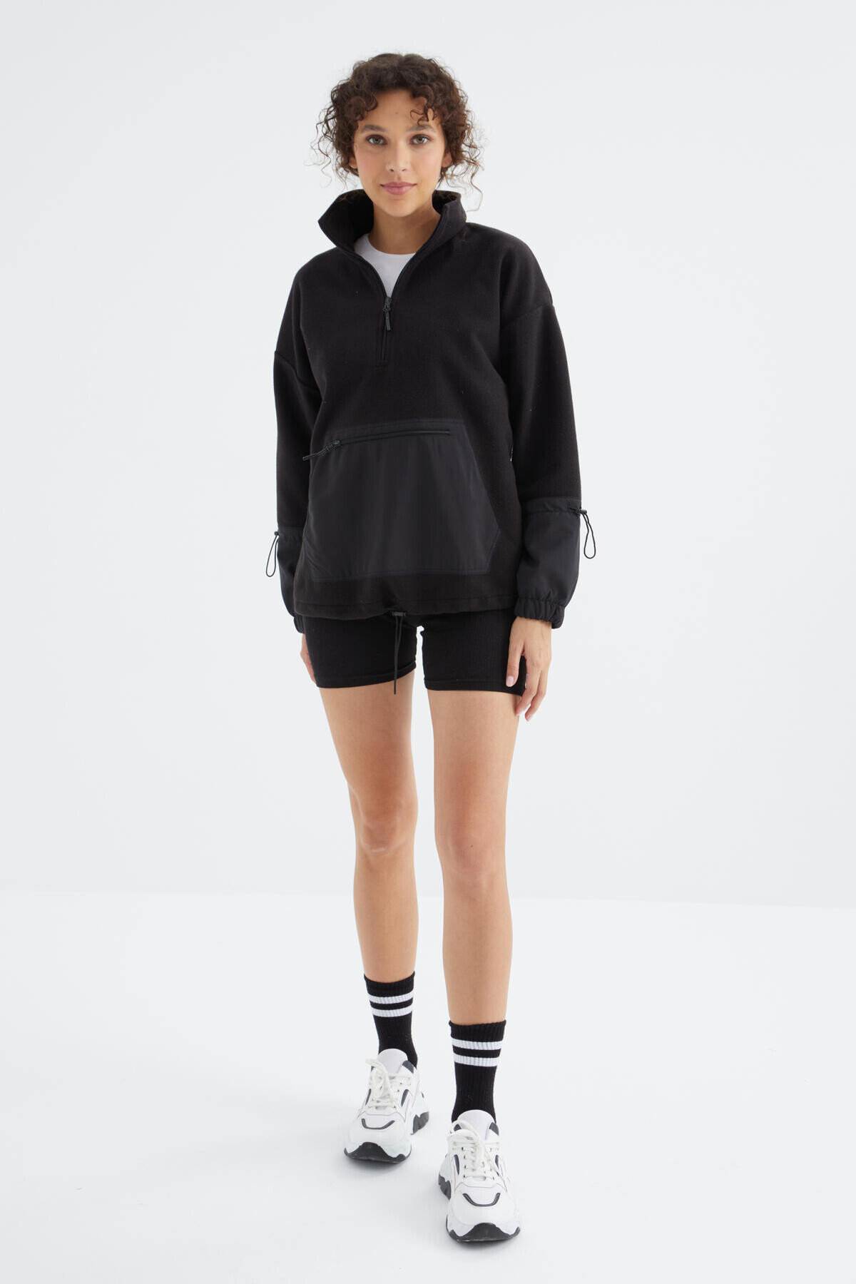 TOMMY LIFE  Siyah Etek Ucu Büzgülü Yarım Fermuarlı Oversize Kadın Polar Sweatshirt - 97238 - Görsel 8