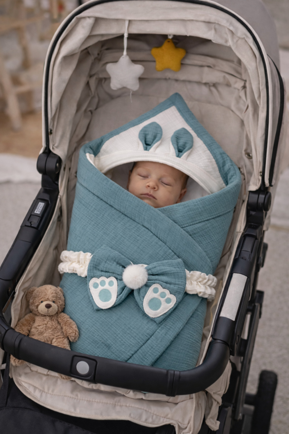 Tomuycuk 4 Kat Müslin Yeşil Bebek Battaniyesi %100 Pamuklu Doğal Organik Uyku Kundağı Hastane Çıkışı fotoğrafı 3 (önizleme)